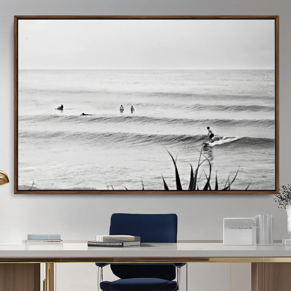 Surfer Silhouette Wall Art Canvas Print, Framed Calm Ocean