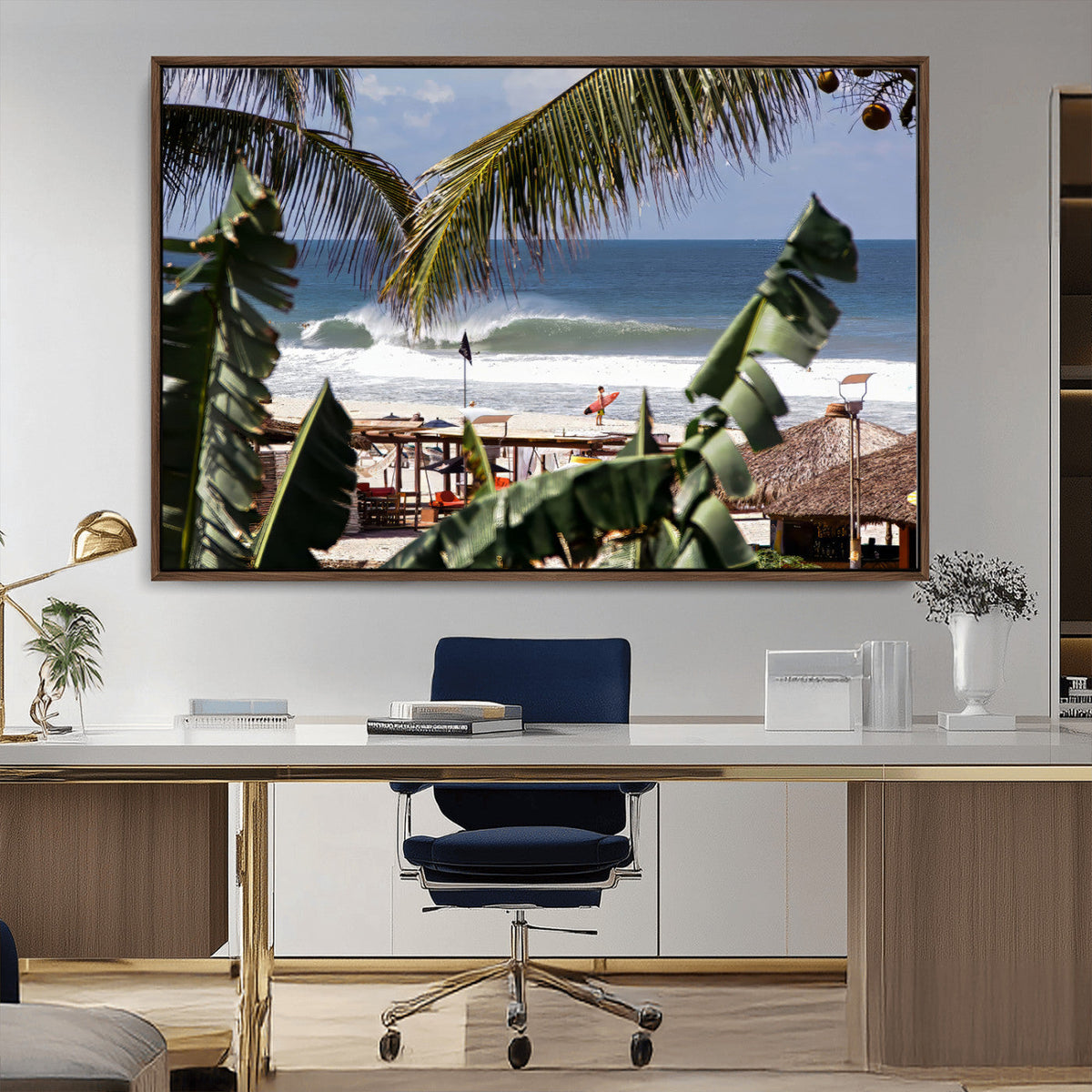 Tropical Shoreline Wall Art Canvas Print – Framed Surfer