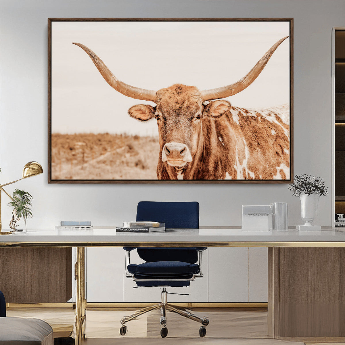 Texas Longhorn Wall Art Canvas Print – Framed Sepia Cow Art
