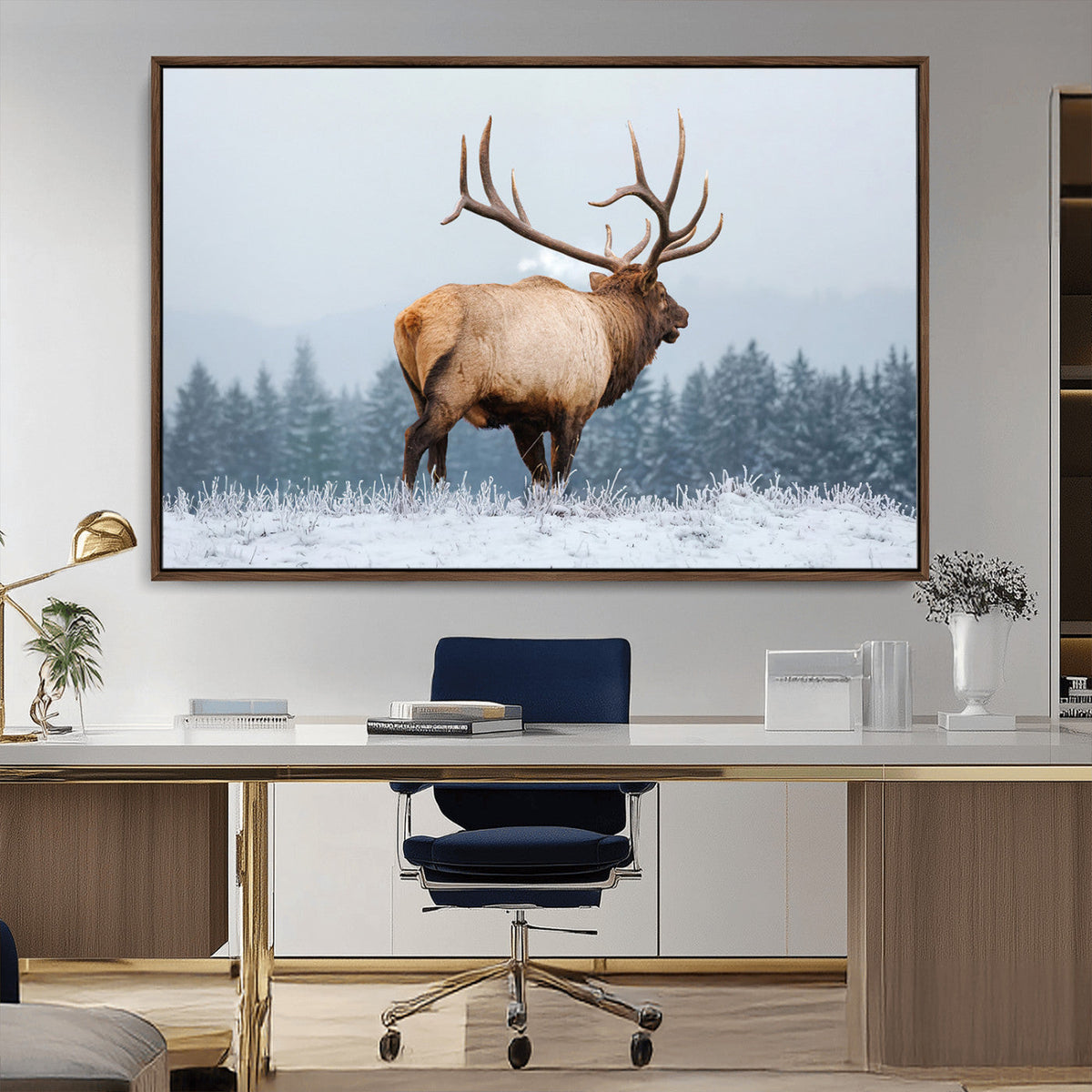 Elk Wall Art Canvas Print – Framed Snowy Forest Scene Art