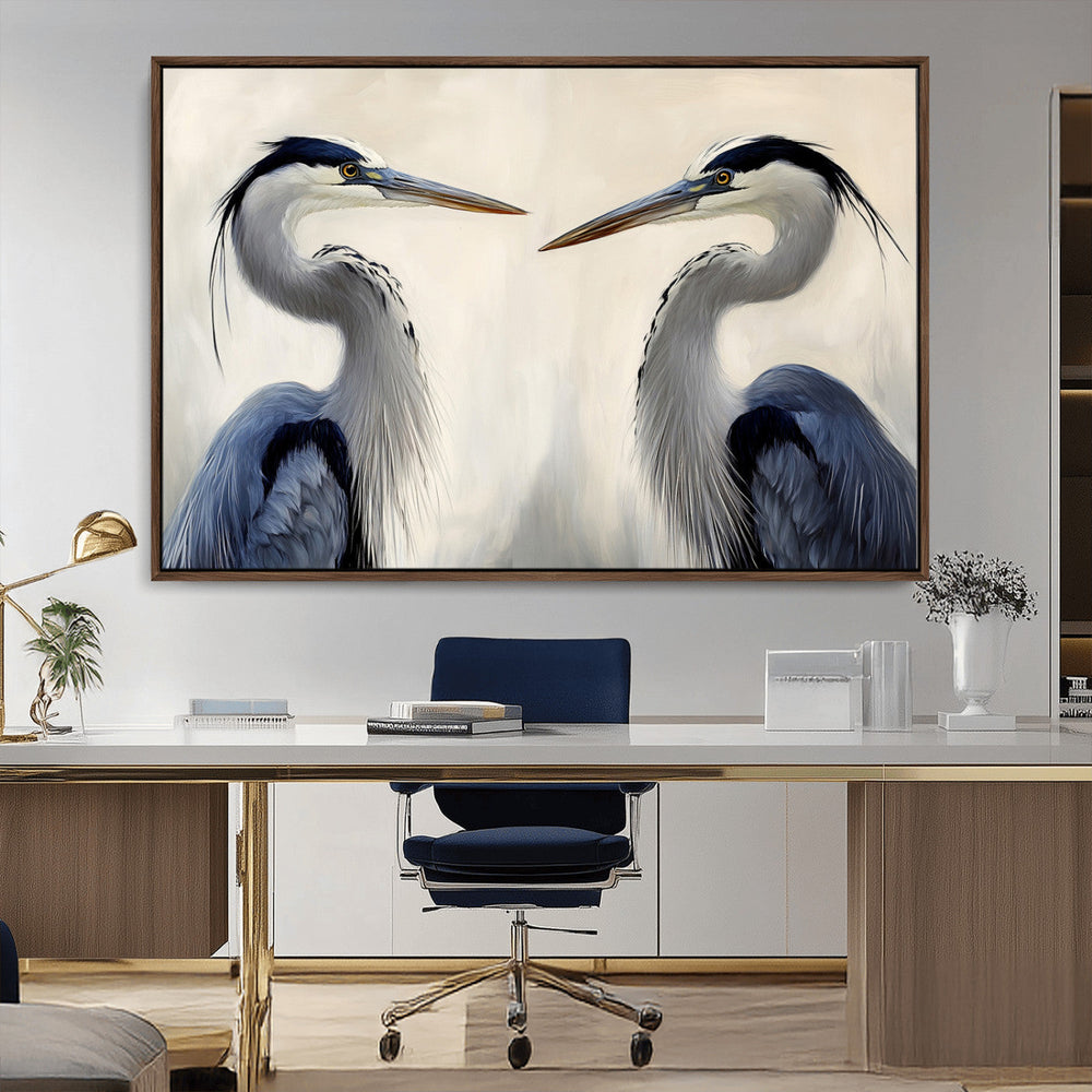 Blue Heron Pair Wall Art Canvas Print, Framed Coastal Bird