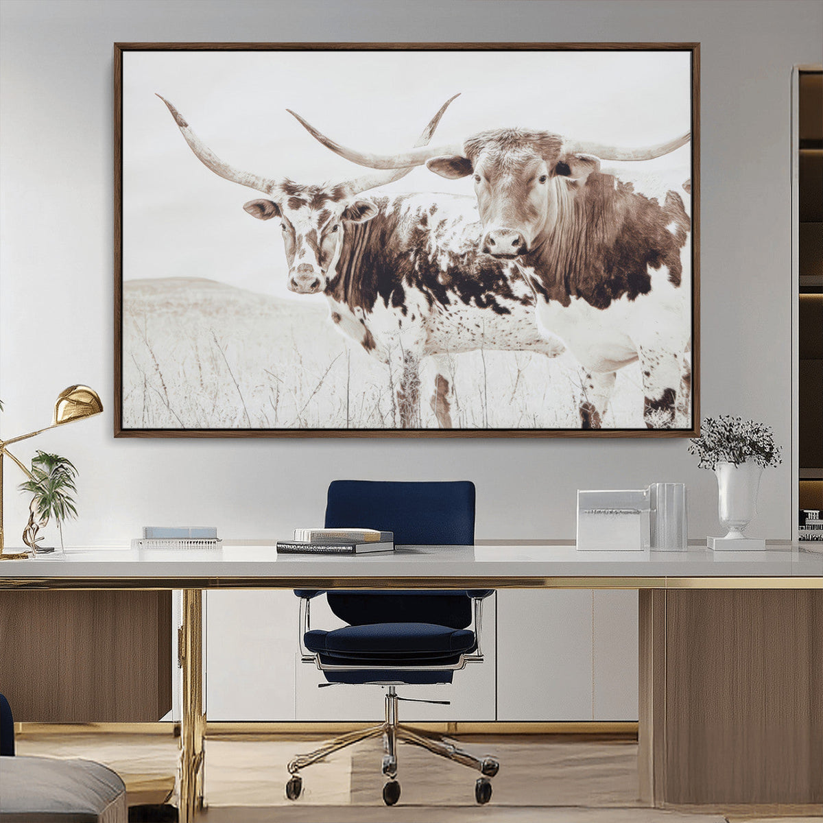 Longhorn Wall Art Canvas Print – Framed Western Cow Rustic