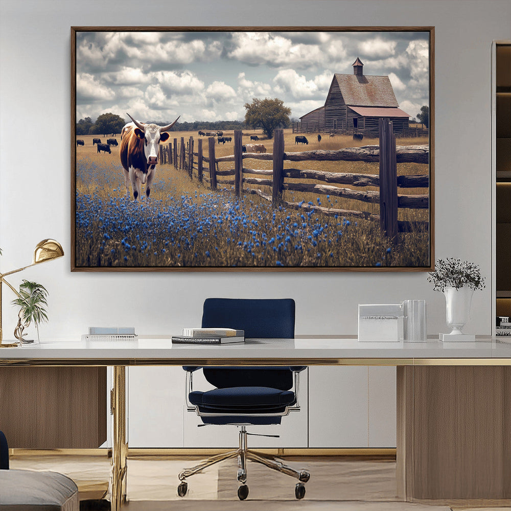Texas Longhorn Canvas Wall Art Print – Framed Rustic Barn