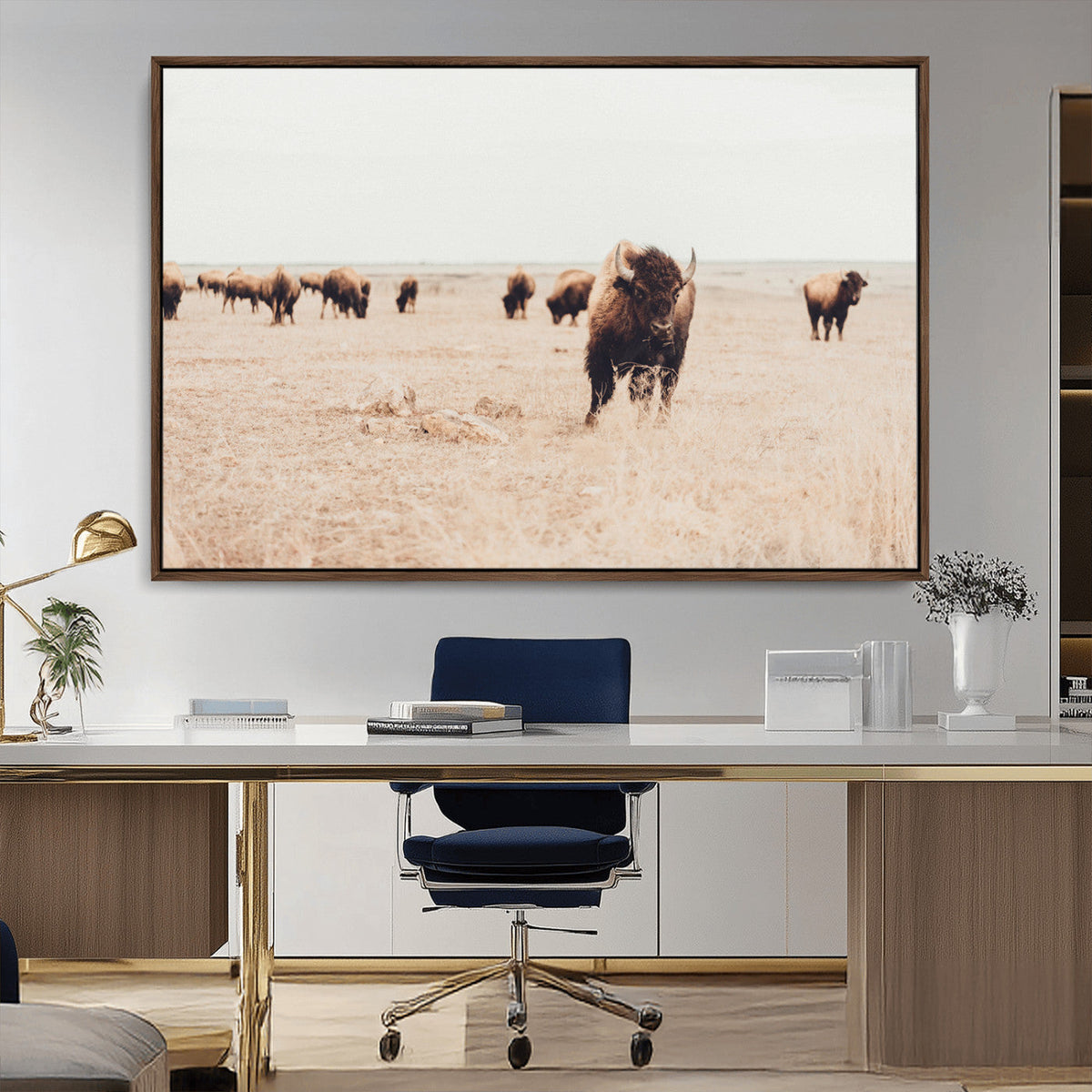 Bison Herd Wall Art Canvas Print, Framed Western Landscape