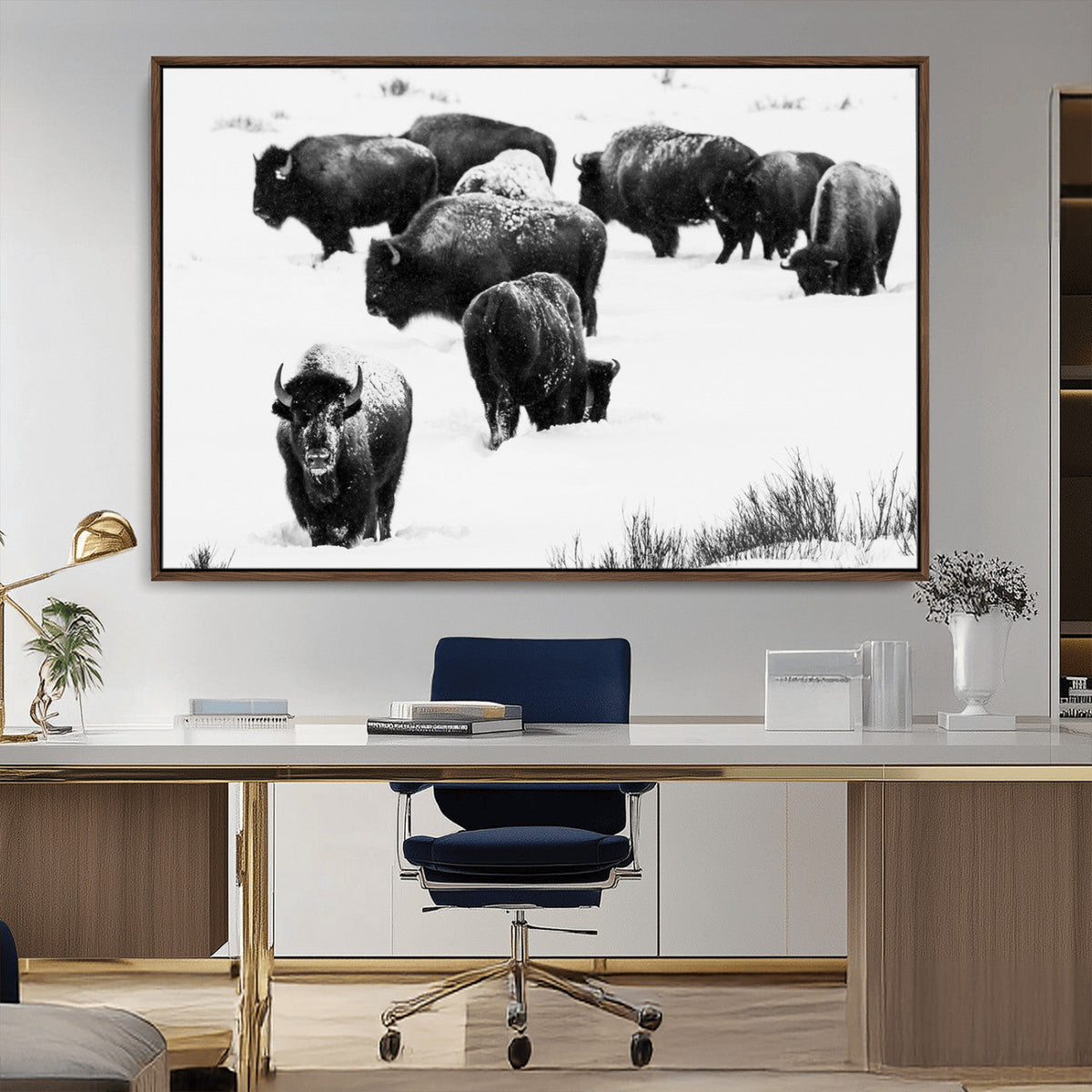 Buffalo Herd Wall Art Canvas Print – Framed Black and White