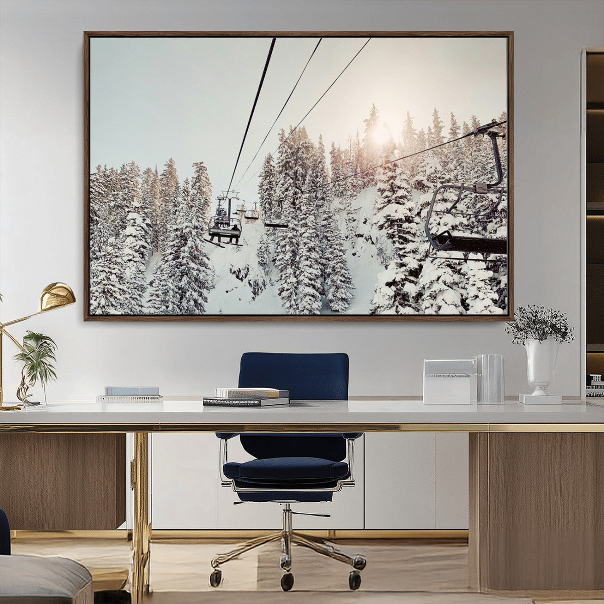 Frosty Pines Wall Art Canvas Print – Framed Cozy Cabin Ski