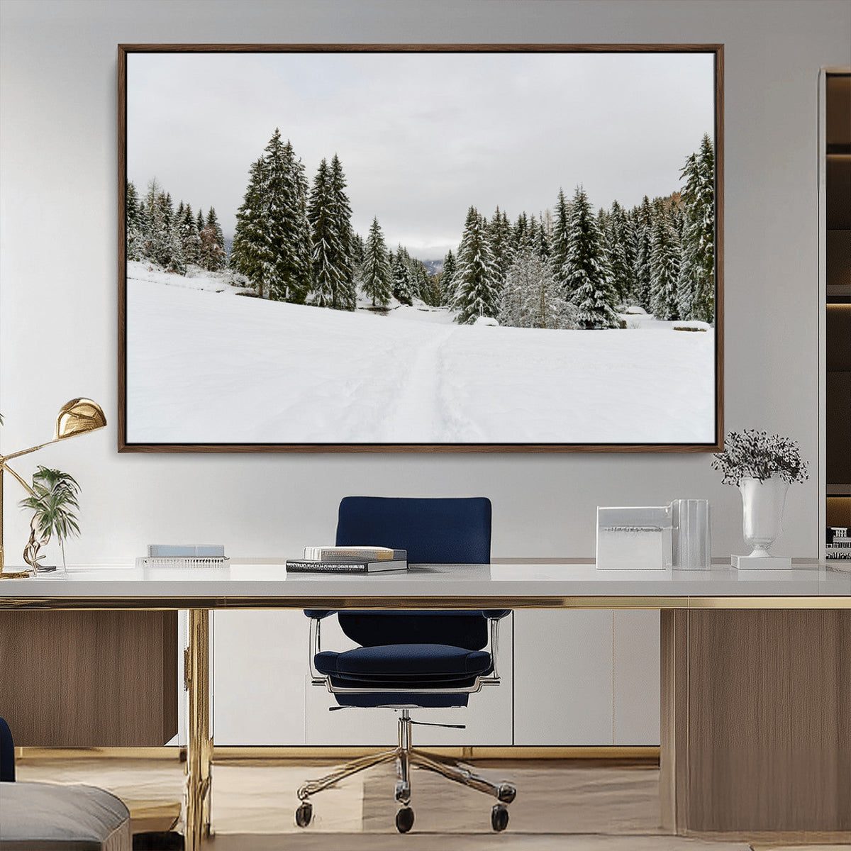 Frosty Pines Wall Art Canvas Print – Framed Silent Snowfall