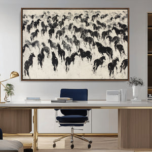 Wild Horse Stampede Wall Art Canvas Print – Monochrome