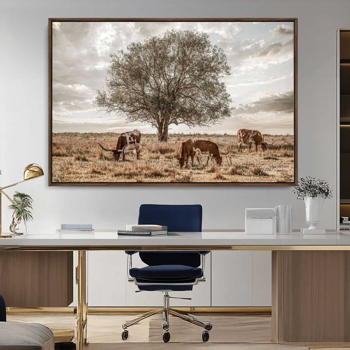 Texas Longhorn Cattle Wall Art, Rustic Western Ranch Canvas