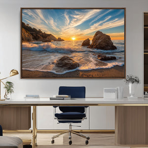 Rocky Ocean Sunset Wall Art Print – Seaside Canvas Dramatic