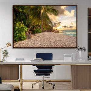Tropical beach sunset, palm trees, white sand, ocean waves,