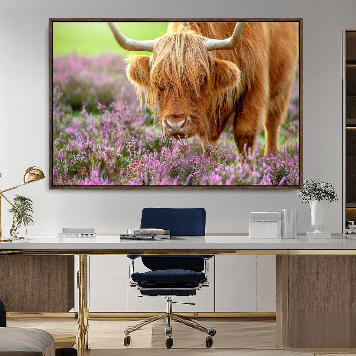Highland Cow Wall Art Canvas Print – Framed Purple Flowers