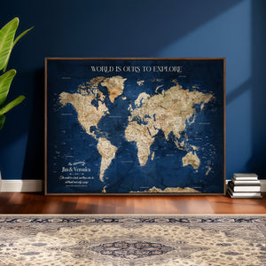 Framed Custom World Map Canvas Print - Deep Blue World Map