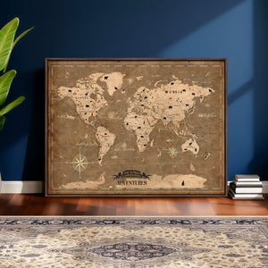 Custom Push Pin World Map Wall Art Canvas Print – Personalized Travel Tracker with Pins Framed Large for Home and Office Decor