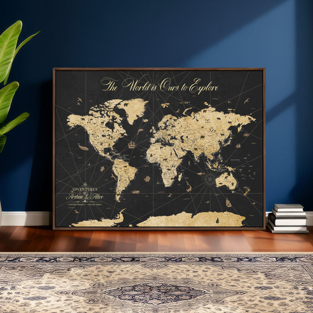 Custom Push Pin World Map Wall Art Canvas Print – Personalized Travel Tracker with Pins Framed Large for Home and Office Decor