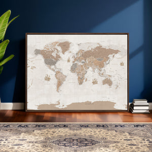 Framed Large World Map Canvas Print for Office Decor