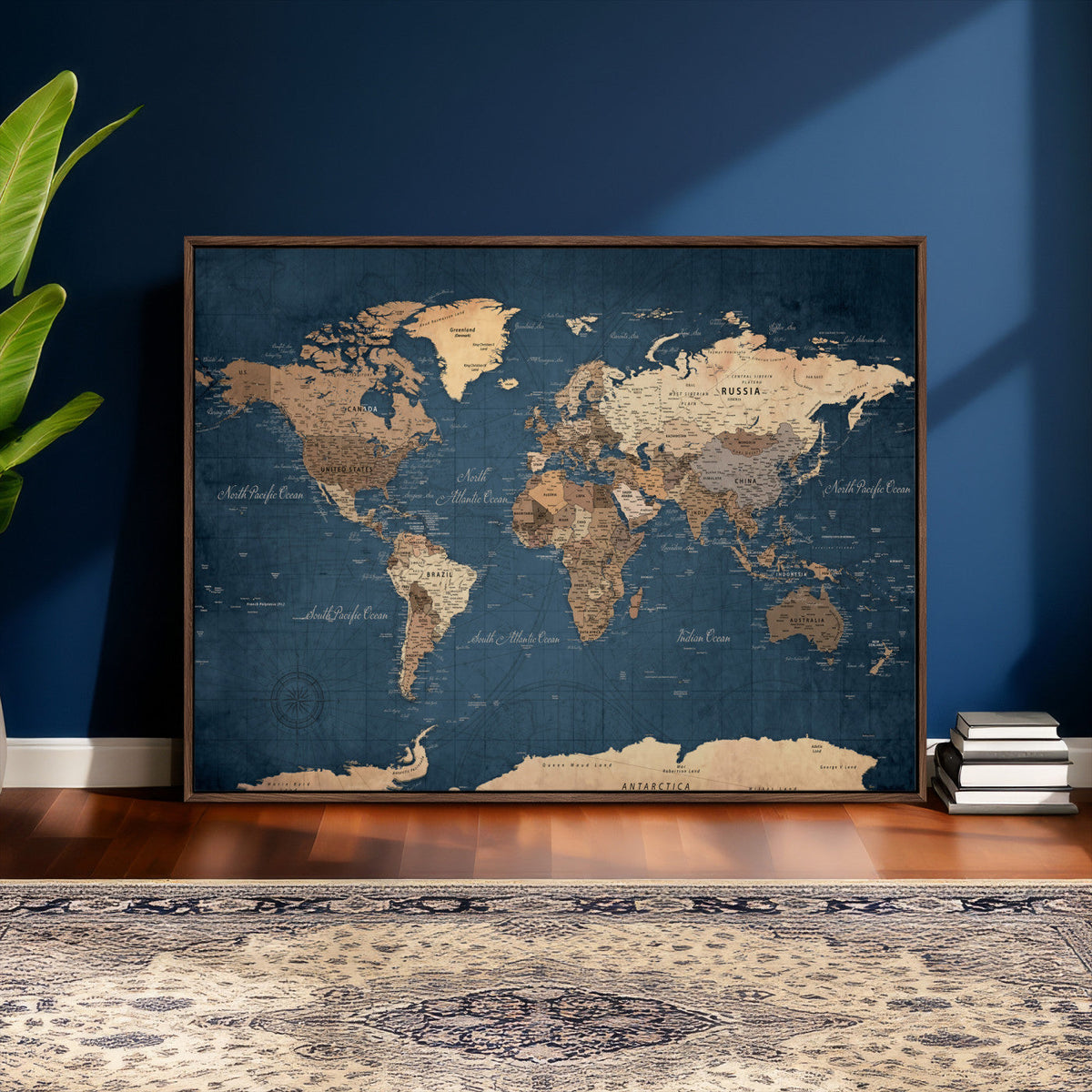 Navy Blue World Map Canvas Print – Framed Travel Map Wall