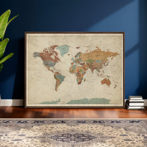 Vintage World Map Canvas Wall Art Print – Framed Modern