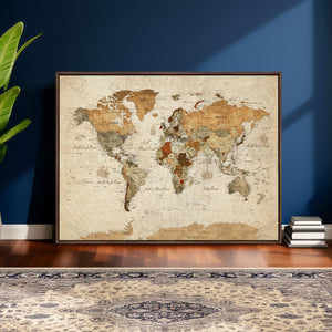 Rustic Vintage World Map Canvas Print – Framed Modern
