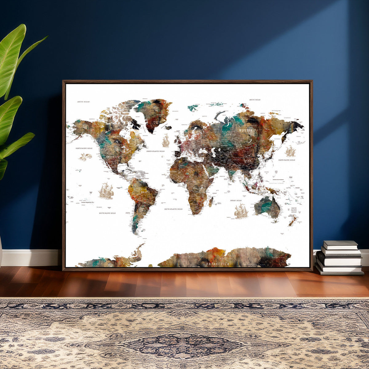 Watercolor World Map Canvas Print – Detailed Map of the