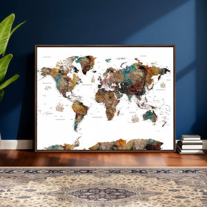 Watercolor World Map Canvas Print – Detailed Map of the