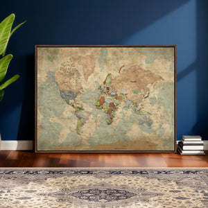 World Map Wall Art Canvas Print, Rustic Map Print, Framed