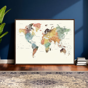 Framed World Map Wall Art Canvas Print for Living Room and