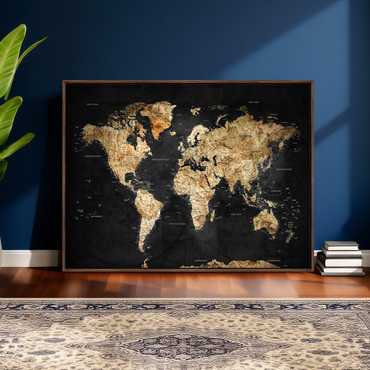World Map Canvas Wall Art with Famous Landmarks – Framed