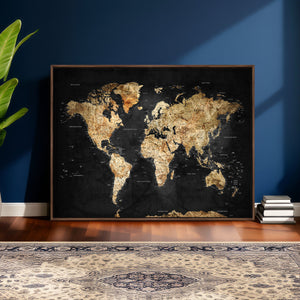 World Map Canvas Wall Art with Famous Landmarks – Framed