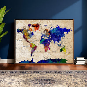 Watercolor World Map Canvas Print – Framed Wall Art for