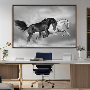 Wild Horses Wall Art Canvas Print – Framed Black and White