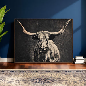 Vintage Texas Longhorn Bull Wall Art Canvas Print, Cow