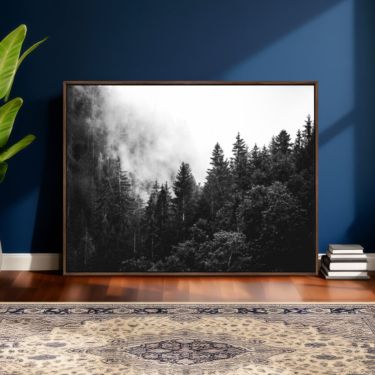 Black White Forest Wall Art Canvas Print, Misty Pine Tree