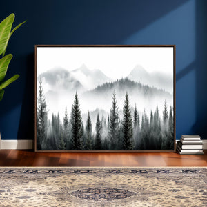 Misty Pine Forest Mountain Landscape Wall Art Canvas Print
