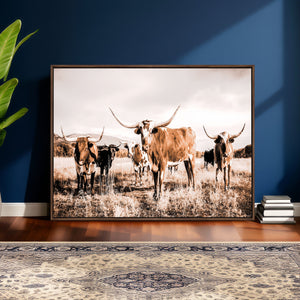 Texas Longhorn Cattle Wall Art Canvas Print, Sepia Western