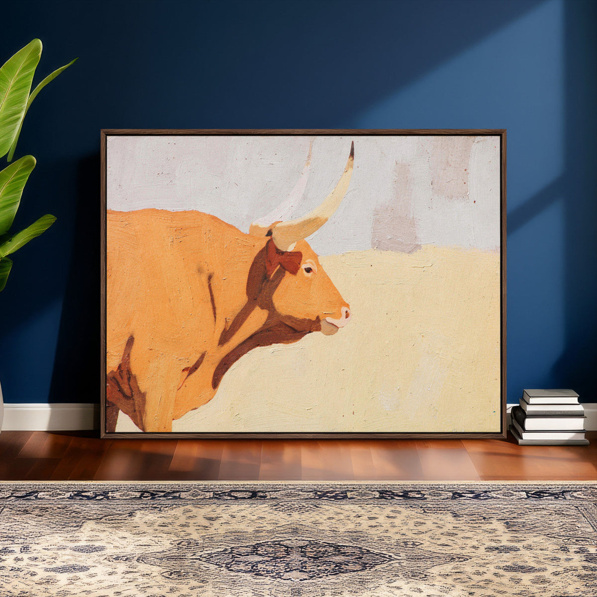 Minimal Longhorn Bull Wall Art Canvas Print, Neutral Western
