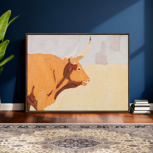 Minimal Longhorn Bull Wall Art Canvas Print, Neutral Western