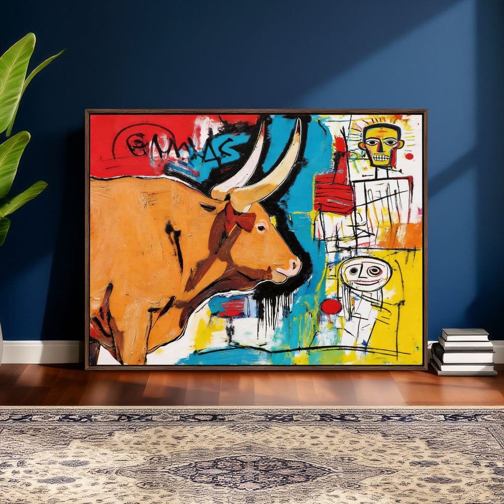 Basquiat Style Bull Graffiti Wall Art Canvas Print, Street