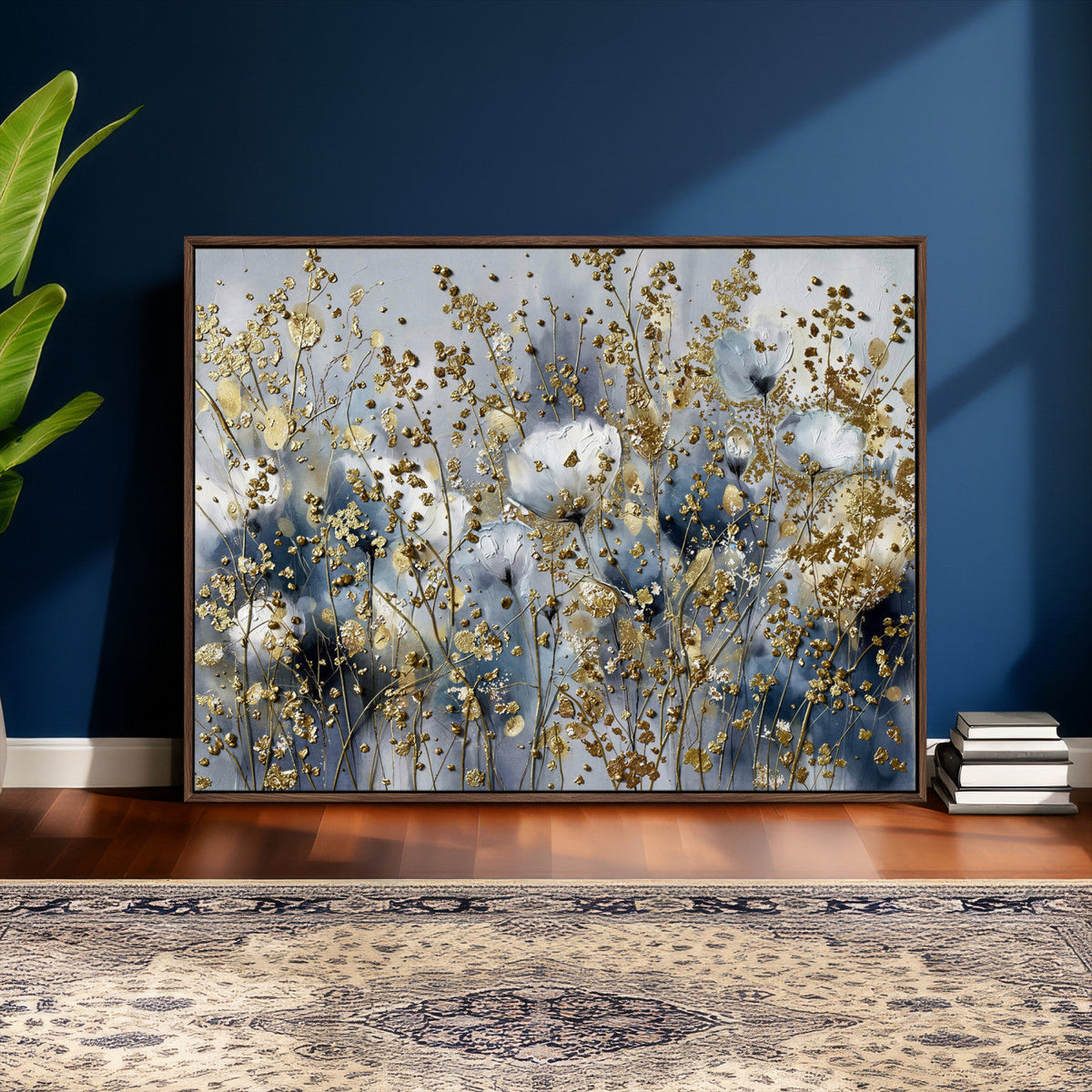Abstract Floral Wall Art Canvas Print – Gold and Blue