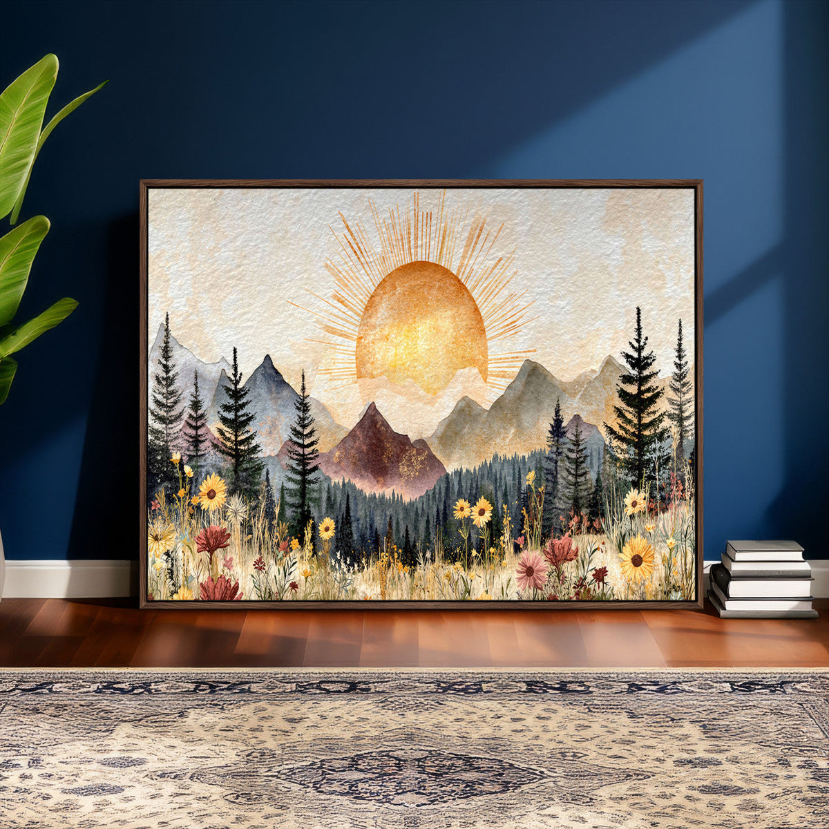 Boho Mountain Landscape Large Wall Art, Horizontal Gold