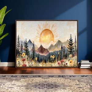 Boho Mountain Landscape Large Wall Art, Horizontal Gold