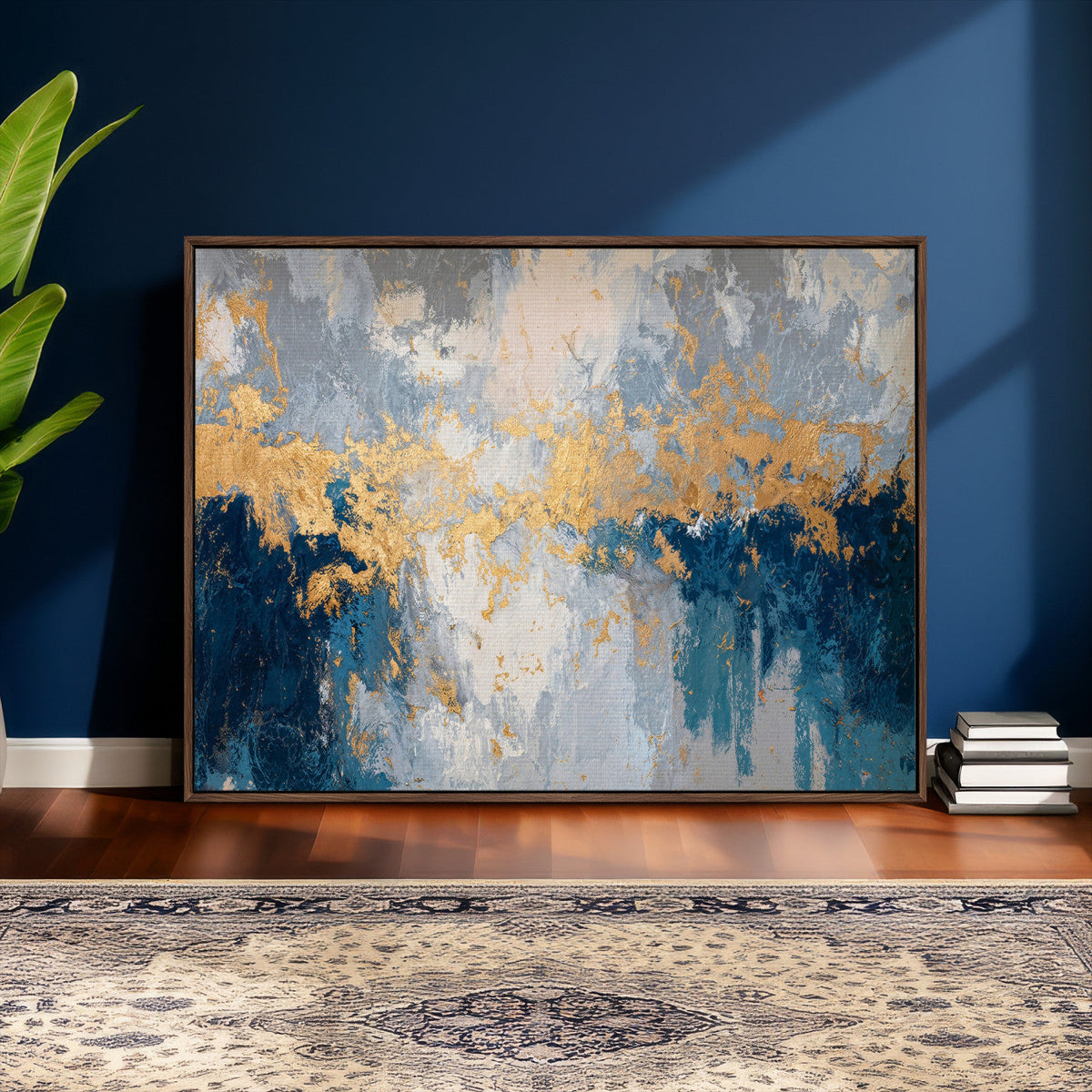 Blue Gold Abstract Large Framed Canvas Wall Art, Modern