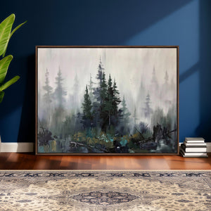 Misty Pine Forest Oil Painting Canvas — Dark Moody Teal Grey