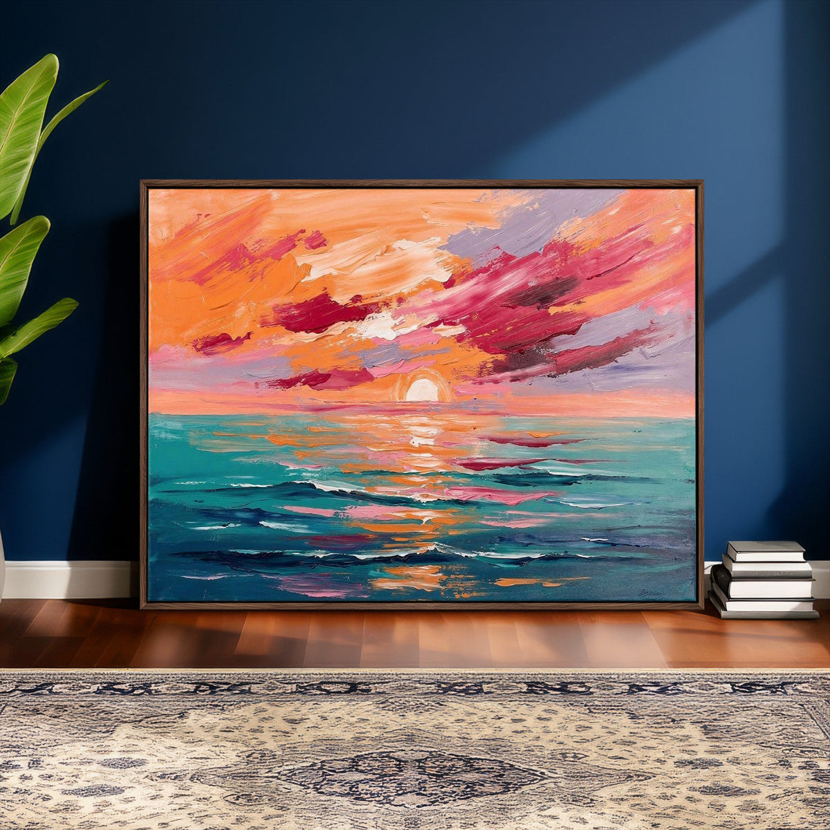 Bold Palette Knife Ocean Sunset Canvas — Orange Pink Teal