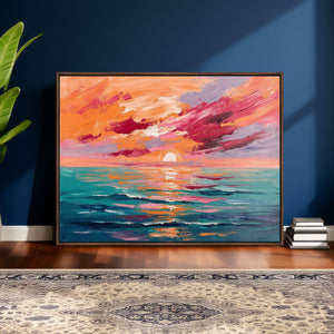 Bold Palette Knife Ocean Sunset Canvas — Orange Pink Teal
