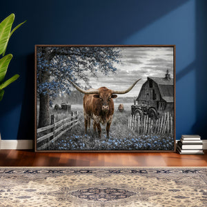 Texas Longhorn Canvas Wall Art, Rustic Farm Barn Bluebonnet