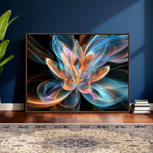Fractal Lotus Canvas Wall Art, Blue Orange Glowing Flower Abstract Print, Modern Zen Meditation Room Decor, Ethereal Digital Art, Living Room