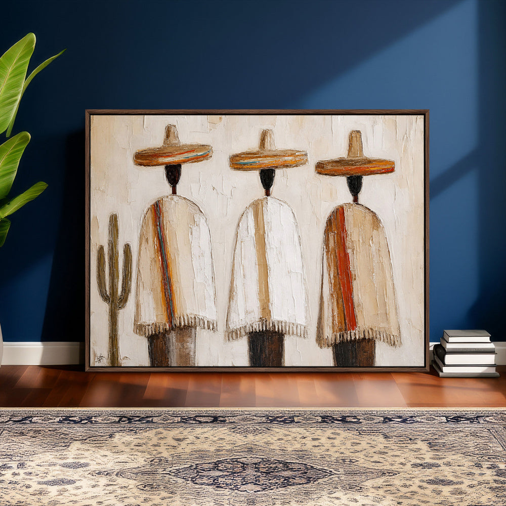 Mexican Wall Art Canvas Print, Southwestern Sombrero Poncho Painting, Neutral Earthy Boho Decor, Fiesta Living Room Art, Impasto Style Print