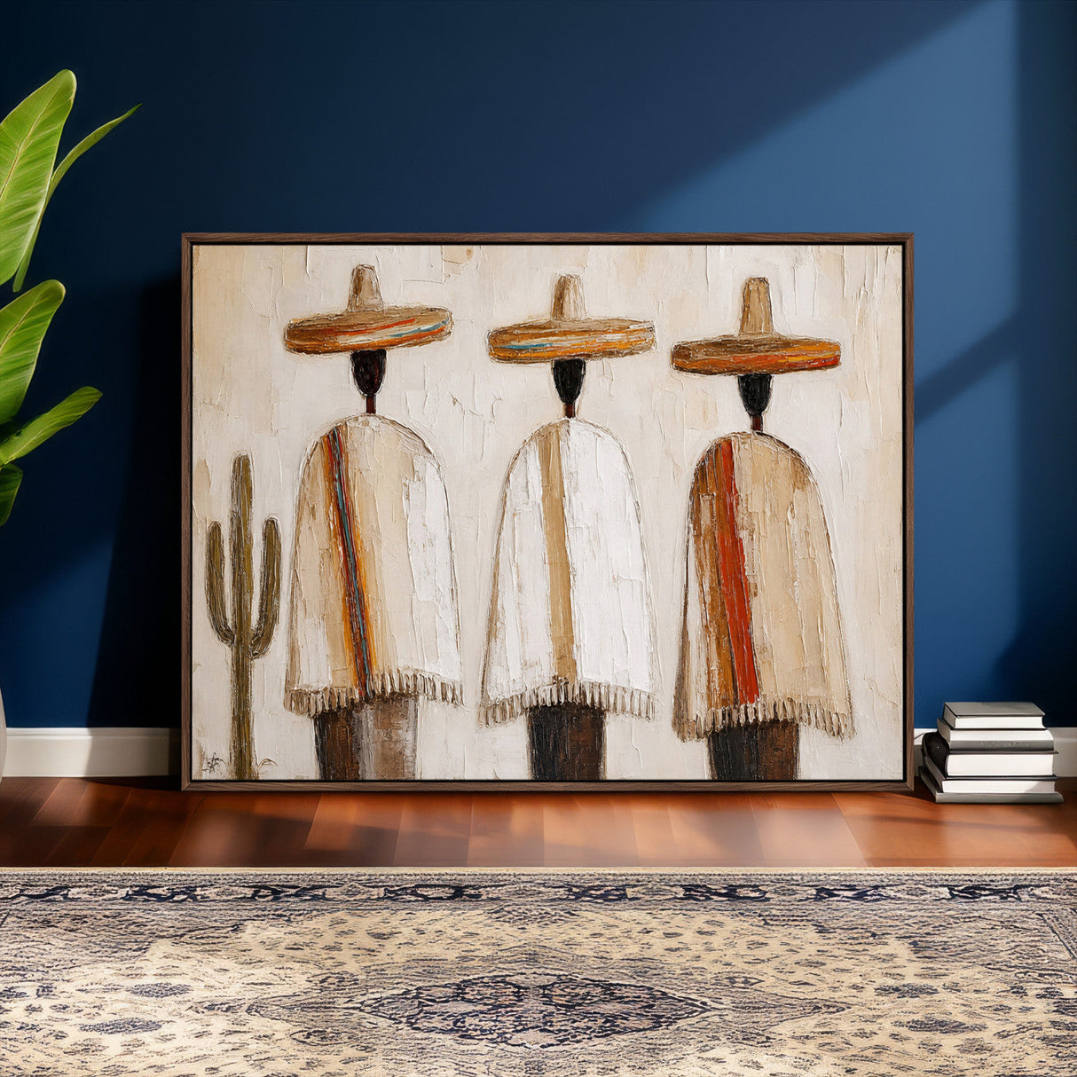 Mexican Wall Art Canvas Print, Southwestern Sombrero Poncho Painting, Neutral Earthy Boho Decor, Fiesta Living Room Art, Impasto Style Print
