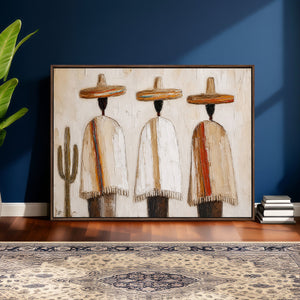 Mexican Wall Art Canvas Print, Southwestern Sombrero Poncho Painting, Neutral Earthy Boho Decor, Fiesta Living Room Art, Impasto Style Print